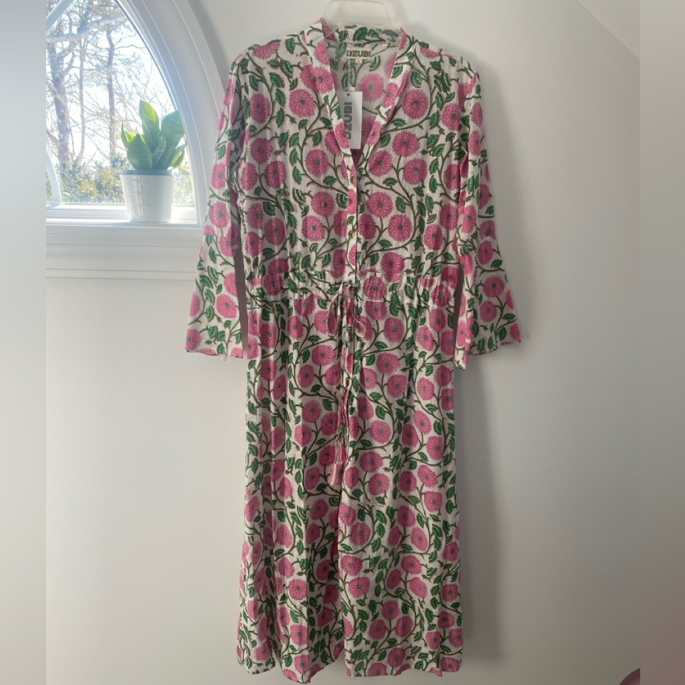 NWT Dzubi Hand Block Printed Maxi Button Down Shirt Dress Womens L Floral Boho - Picture 4 of 11